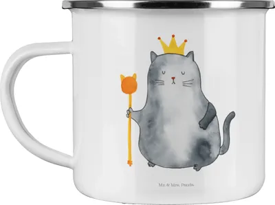 Produktbild von Mr. & Mrs. Panda Emaille Tasse Katze König - Weiß - Geschenk, Cat, Königlich, Campingtasse, Cats, Pott, Wohnung, Teetasse, Katzen, Becher