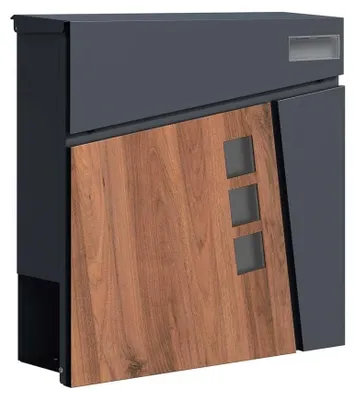 Zdjęcie produktu dla Skrzynka pocztowa ścienna - Wykonana z drewna - Kolor antracytowy, z przegródką na gazety - Wymiary: 370 x 370 x 105 cm