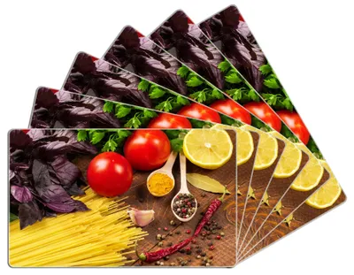 Produktbild von Wallario Frühstücksbrettchen 6er Set aus Glas, je 14 x 23 cm, mit rutschfesten Füßen, Motiv Italienisches Menü mit Spaghetti, Tomaten, Basilikum und Gewürzen