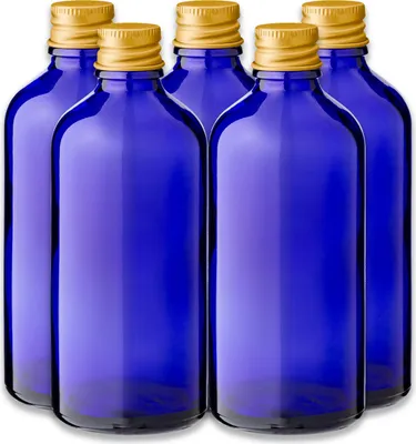 Produktbild von 5x Blaue Glasflasche 100 ml mit goldenem Aluminium Schraubverschluss