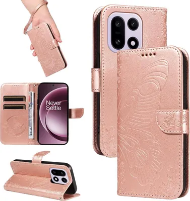 Produktbild von Mobigear Butterfly OnePlus 15 Hülle Klapphülle Geldbörse - Roségold