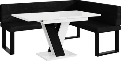 Produktbild von MEBLINI Eckbank für Esszimmer mit ausziehbarem Tisch  - Küchenbank - Essecke - Sitzecke Küche - PETER - U-Beine 128x168x87cm Rechts - Schwarz Samt/M Weiß-Schwarz Hochgl.