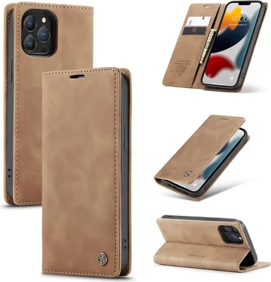 A collage of images showing a brown leather phone case for an iPhone 13 Pro from various angles, including open and closed views, and a close-up of the phone inside.