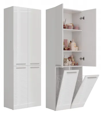 Produktbild von ADGO Nel Badezimmer Schrank mit 2 Wäschekörben Hochschrank Bad Weißglanz