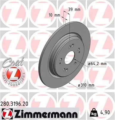 Produktbild von 2x ZIMMERMANN 280.3196.20 Bremsscheibe Hinterachse