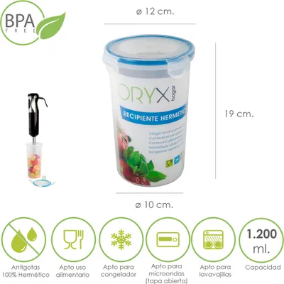 Immagine prodotto di Contenitore ermetico rotondo in plastica da 1.200 ml. Ø 12 x 19 (H) cm.