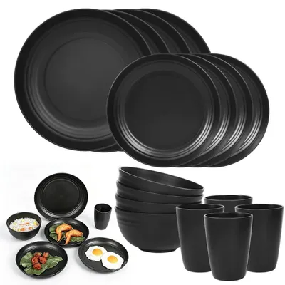 Image de Ensemble de vaisselle en plastique - Assiettes, bols et tasses - Sans BPA - Incassable - Compatible micro-ondes et lave-vaisselle - Réutilisable - Noir