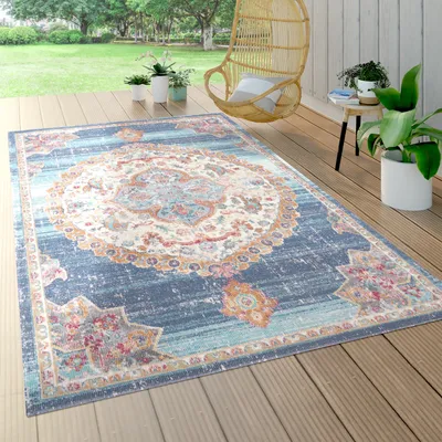 Produktbild von Outdoor Teppich Wetterfest Balkon Küche Orient Muster Modern Bordüre Blau Beige Grösse 60x100 cm