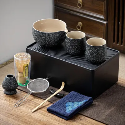 Productafbeelding van Matcha-theeset met 2 kopjes en opbergdoos, 12-delig, keramiek en bamboe, kleur: steengrijs