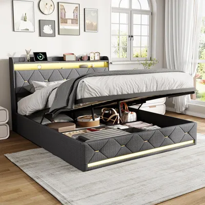 Immagine prodotto di Letto imbottito UnboxG, 160x200 cm, con contenitore, ricarica wireless, USB, luci LED nella testiera e nel contenitore, sistema di sollevamento idraulico, rete a doghe, colore grigio