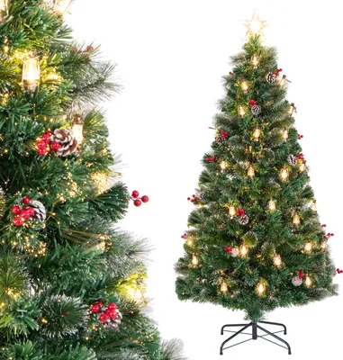 A decorated artificial Christmas tree with lights, pinecones, and red berries, shown in two parts, one close-up and one full view.