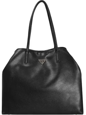 A black leather tote bag with a silver logo.