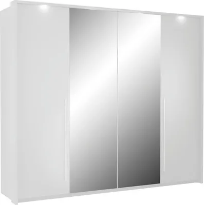 A white wardrobe with mirrored doors and integrated lighting.
