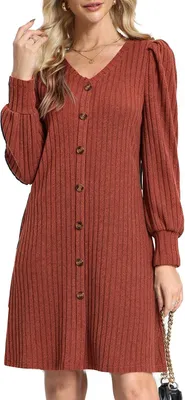 Produktbild von Gestricktes Damenkleid mit V-Ausschnitt, Puffärmeln und langen Ärmeln, im A-Linien-Schnitt, in Terrakotta-Farbe