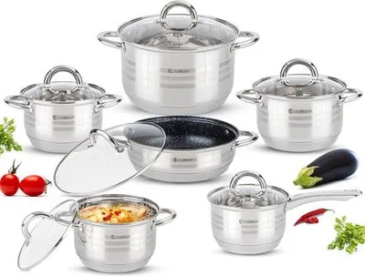 Image de Batterie de cuisine à induction en acier inoxydable - Batterie de 12 pièces - Acier