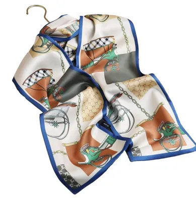 Produktbild von Seidenschal Damen 150 x 16 cm Blumenmotiv Reitermotiv Blau Braun Grün Polyester