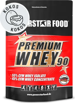 Produktbild von Powerstar PREMIUM WHEY 90 | 90% Protein i.Tr. | Whey-Protein-Pulver 4000 g | 55% CFM Whey Isolat & 45% CFM Konzentrat | Eiweiß-Pulver Coconut