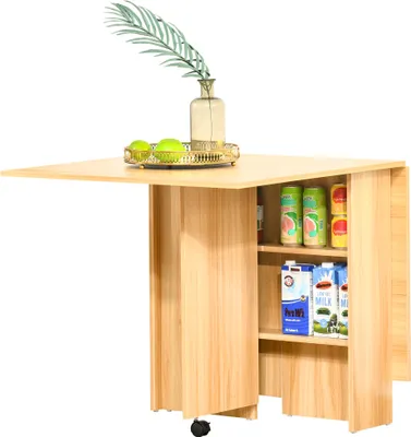 Image de HOMCOM Table pliante de cuisine salle à manger amovible sur roulettes 80L x 140l x 74H cm 2 étagères intégrées en bois coloris bois naturel