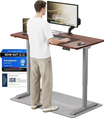 Produktbild von DESKSPACE PRO Elektrisch höhenverstellbarer Schreibtisch – 140x70 cm Memory & Kollisionsschutz, Computertisch Mahagoni Tischplatte / Graue Gestell