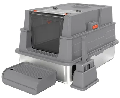 Produktbild von Katzenklo XXL Edelstahl Katzentoilette 130L mit 180° Klappdeckel Hohen Seitenwänden Schaufel Trittstufe 70x50x43cm Grau