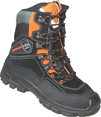 A single black and orange work boot is shown against a white background.