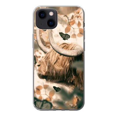 Produktbild von MuchoWow® Handyhülle Schutzhülle Hülle für iPhone 13 mini Schottische Highlander - Schmetterlinge - Blätter Silikon Softcase Handy Hülle - Softcase