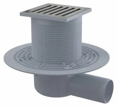 Produktbild von AlcaDrain Bodenablauf 105×105/50 mm mit einem waagrechten Abgang, Edelstahl Rost, Geruchsverschluss mit Sperrwasser