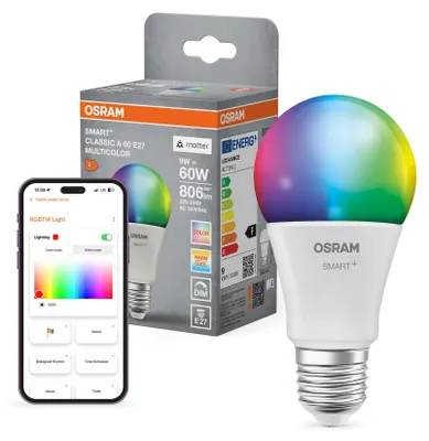 Productafbeelding van OSRAM SMART+ MATTER Classic shapes Multicolor in A-vorm, LED-lamp, mat, 9 W, 806 lm, van 2700 tot 6500 K, Matter, compatibel met slimme luidsprekers, dimbaar