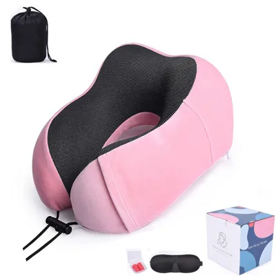 Produktbild von Nackenkissen(29*25*15,Pink)mit Schlafmaske,Ohrstöpsel,Tasche,weicher Memory-Schaum,ergonomisch geformtes Nackenstützkissen,maschinenwaschbares Reisekissen ideal für Reisen,Flugzeug,Büro und Camping