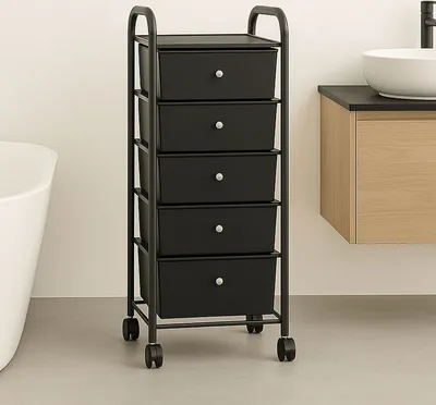 A black rolling storage cart with five drawers is shown in a bathroom setting next to a bathtub and a vanity.
