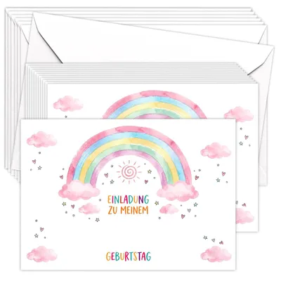 12 Regenbogen-Einladungskarten mit Herzmotiven + 12 Umschläge