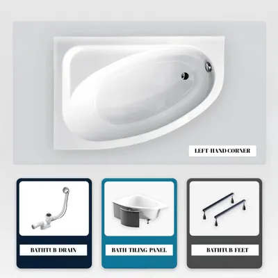 Produktbild von Asymmetrische Badewanne - 140 x 80 cm - Links - mit Verkleidung - mit Füßen - Ablaufgarnitur Chrom - CORNEA