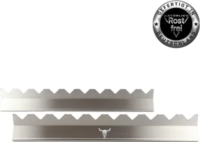 Two metal blades with serrated edges, with a German quality seal above them.