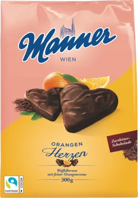 Immagine prodotto di Wafer al cioccolato Manner a forma di cuore con ripieno di crema all'arancia 300g