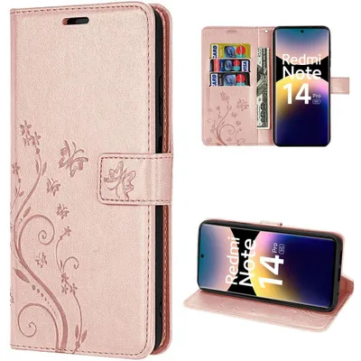 Image de Coque pour Xiaomi Redmi Note 14 Pro 5G, Protection Anti-Rayures Cuir Synthétique Motif Papillon Rose