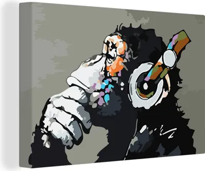 Produktbild von OneMillionCanvasses® - Leinwandbilder - 140x90 cm, Gemälde - Ölgemälde - Affe - Kopfhörer, Wandbilder Kunstdruck Wanddekoration - Foto auf Leinwand - Gemälde auf Holzrahmen