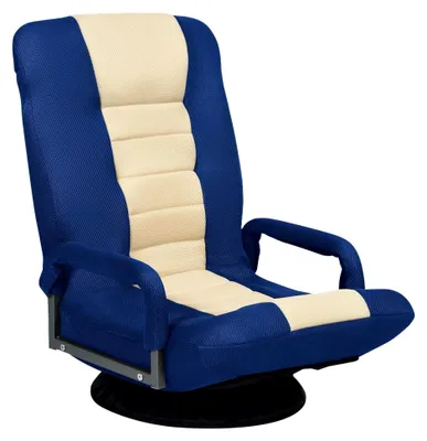 Produktbild von Bodenstuhl 360° drehbar, Gepolsterter Bodensessel mit 5-stufiger Verstellbarkeit, Sitzkissen mit Rückenlehne und Armlehne, Klappbarer Sofastuhl, 85x75x55cm, Metall, Wohnzimmer und Schlafzimmer (Blau)