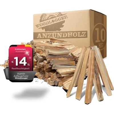 Produktbild von Woodlogger 10 KG Anzündholz I trockenes Anfeuerholz I Premium Anmachholz I ofenfertiges Brennholz I Holz für Kaminofen, Lagerfeuer, Feuerschalen, Ofen