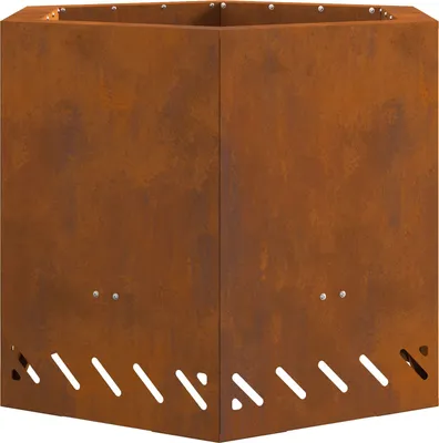 A hexagonal fire pit made of Corten steel with a rusted finish.
