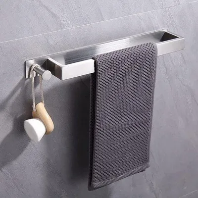 Image de Porte-serviettes Unyqoos® en acier inoxydable résistant à la rouille – 40 cm, adhésif, sans perçage, finition brossée, avec crochets pour salle de bain et toilettes, montage facile