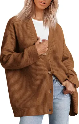 Produktbild von ASKSA Damen Strickjacke Strick Outwear V-Ausschnitt Vorne Offen Leicht Lockere Pullover mit Knoepfen, Braun, 3XL
