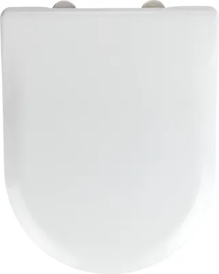 A top-down view of a white toilet seat.
