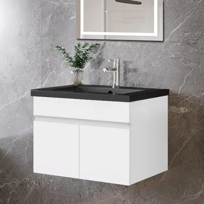 Produktbild von 60cm Schwarz Mineralguss Waschtisch mit Unterschrank Badmöbel Set mit Türs Soft-close - Weiß Matt