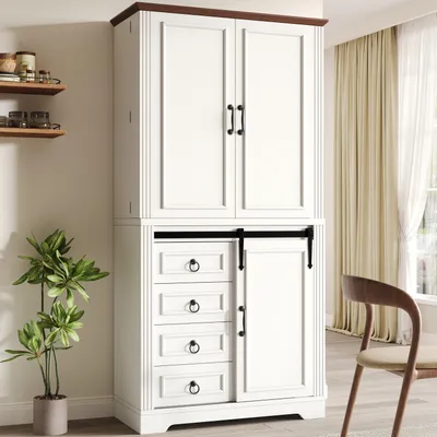 Image de Armoire haute Flieks avec dispositif anti-basculement et étagère latérale pour collations, armoire sur pied avec 4 tiroirs et étagères réglables, dimensions : 80 x 39,8 x 180 cm, blanc