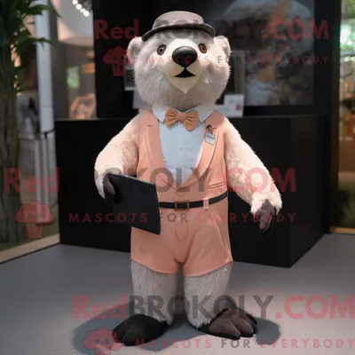 Produktbild von Pfirsich REDBROKOLY Faultier Bär Maskottchen Kostüm Charakter gekleidet mit einem Anzug und Hosenträgern