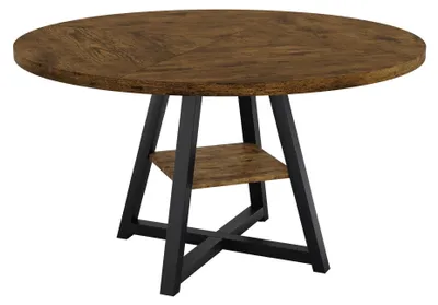 Image de Table ronde de salle à manger, 120 cm - Design industriel - Plateau en bois rustique - Structure en métal robuste - Pour 4 à 8 personnes - Gain de place - Marron