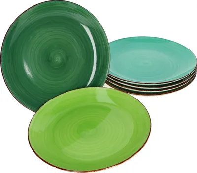 Several plates are arranged on a white background. One large dark green plate is in the foreground on the left. In front of it is a lighter green plate. To the right, a stack of teal plates is visible.