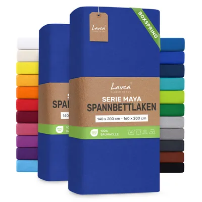 Produktbild von Lavea® 2er Pack Spannbettlaken 140/160x200 cm, Jersey Bettlaken 100% Baumwolle – Boxspringbetten, Wasserbetten, Matratzen bis 35 cm – Royalblau