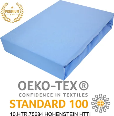 A light blue fitted sheet is shown folded on a white background, with several logos and text overlays.