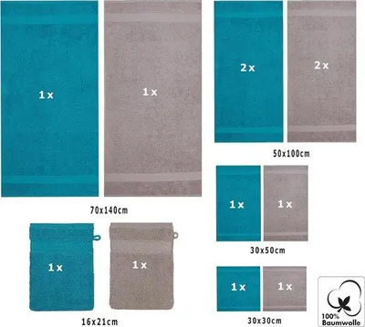 Zdjęcie produktu dla Zestaw ręczników Unyqoos® Palermo, 12 sztuk – 100% bawełna, zawiera: 2 duże ręczniki kąpielowe, 4 ręczniki, 2 ręczniki gościnne, 2 myjki, 2 gąbki, kolor: petrolowy/szary